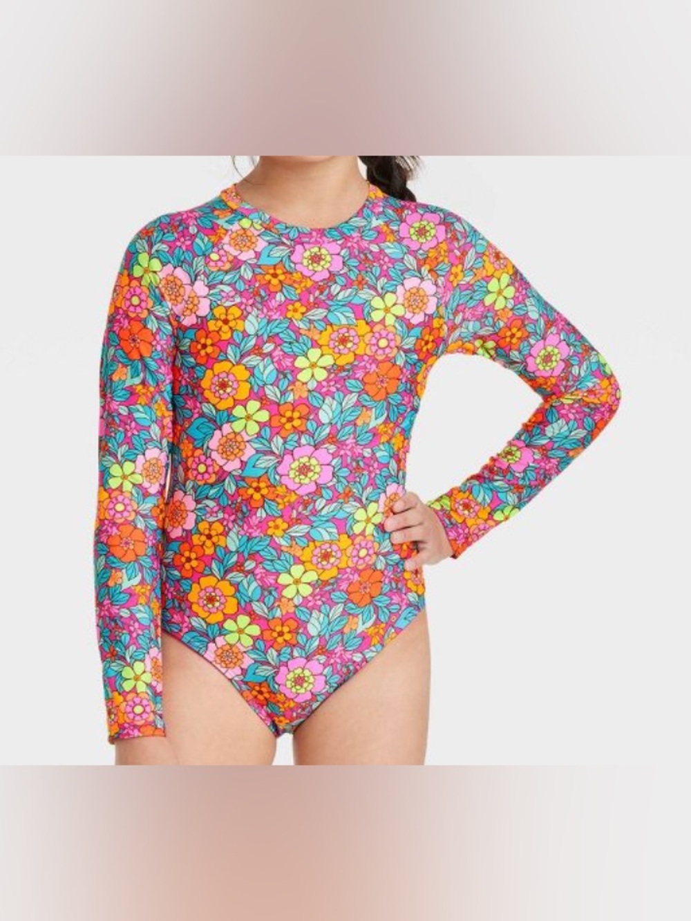 Cat & Jack Girls' Long-Sleeve Retro Floral rashguard small 6/7